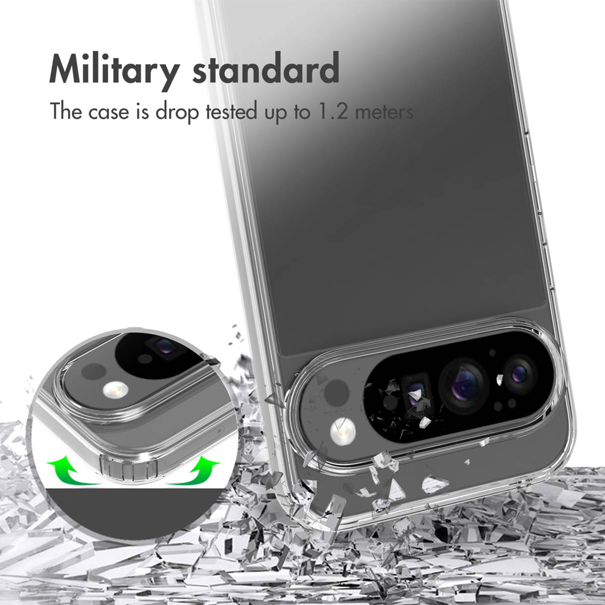 Coque transparente de norme militaire, testée contre les chutes jusqu'à 1,2 mètre, entourée de bris de verre.