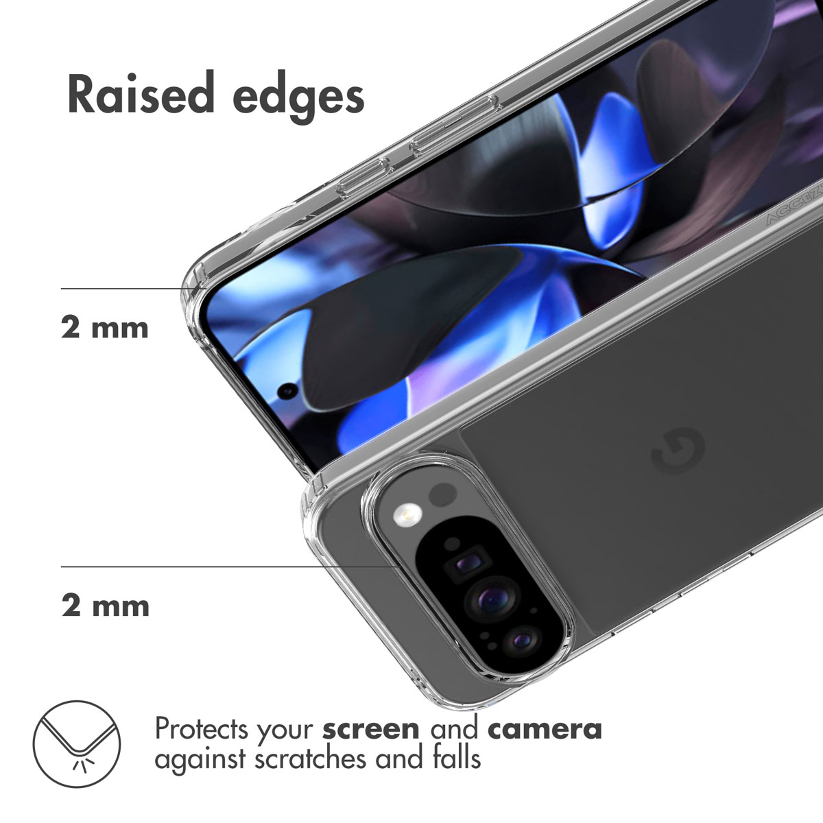 Coque de protection transparente avec bords surélevés de 2 mm pour écran et caméra.