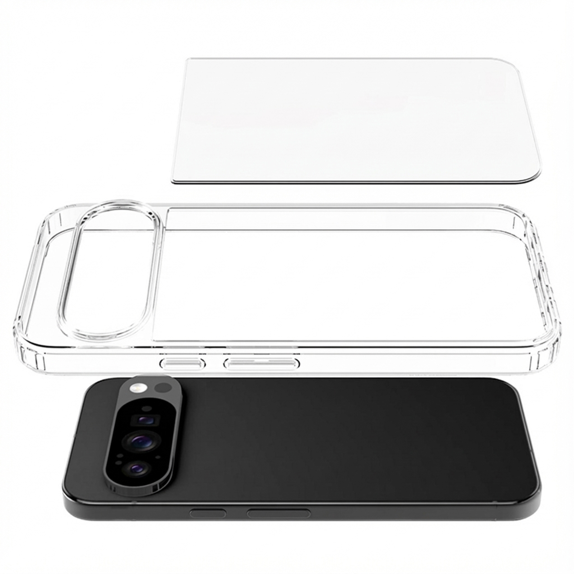 Un smartphone noir avec une coque transparente et un film protecteur sur fond blanc.