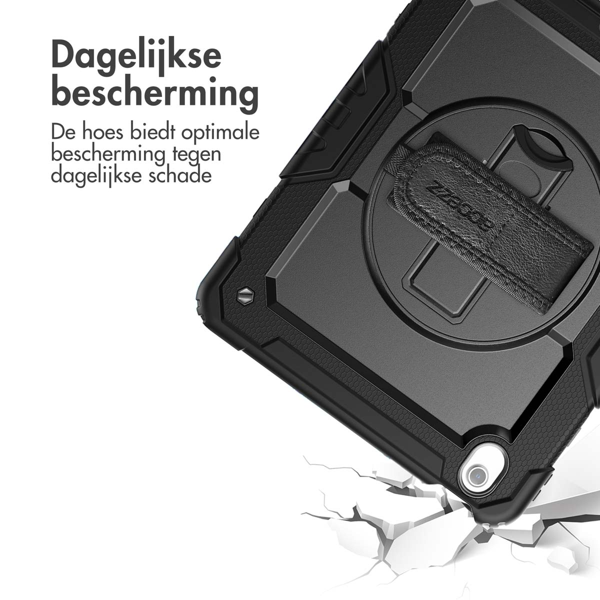 Zwarte beschermhoes met geïntegreerde handriem op een witte, gebarsten achtergrond met tekst.