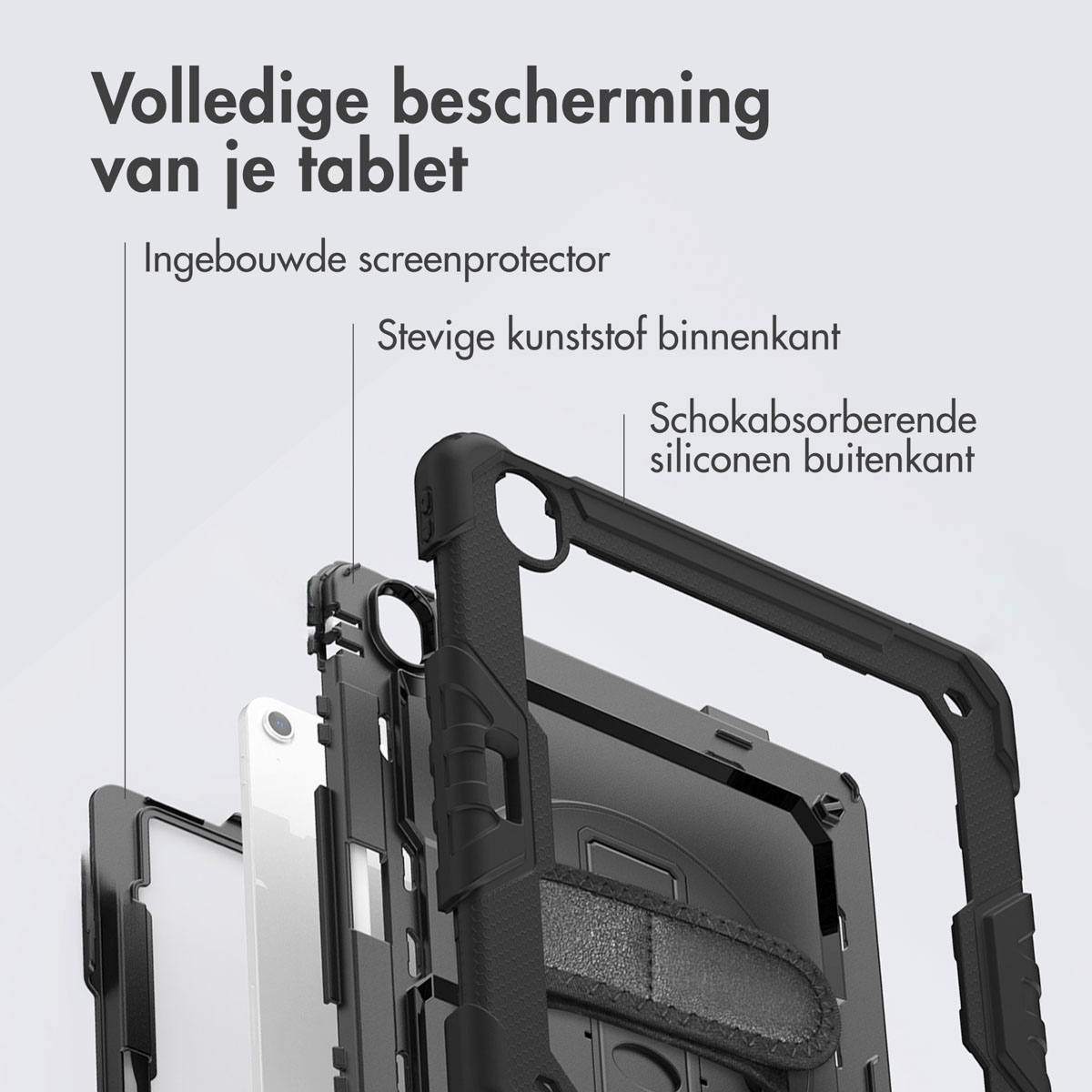 Exploded view van een robuuste zwarte tablethoes met beschermende lagen en Nederlandse tekstlabels.
