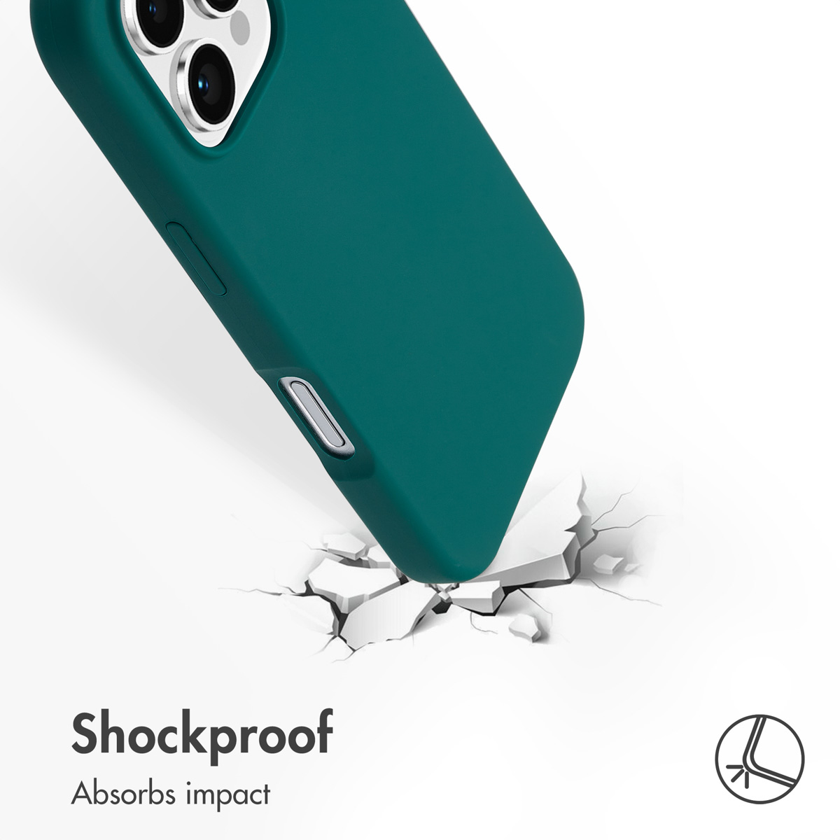 Una cover verde scuro colpisce una superficie bianca incrinata, mostrando l'assorbimento degli urti.