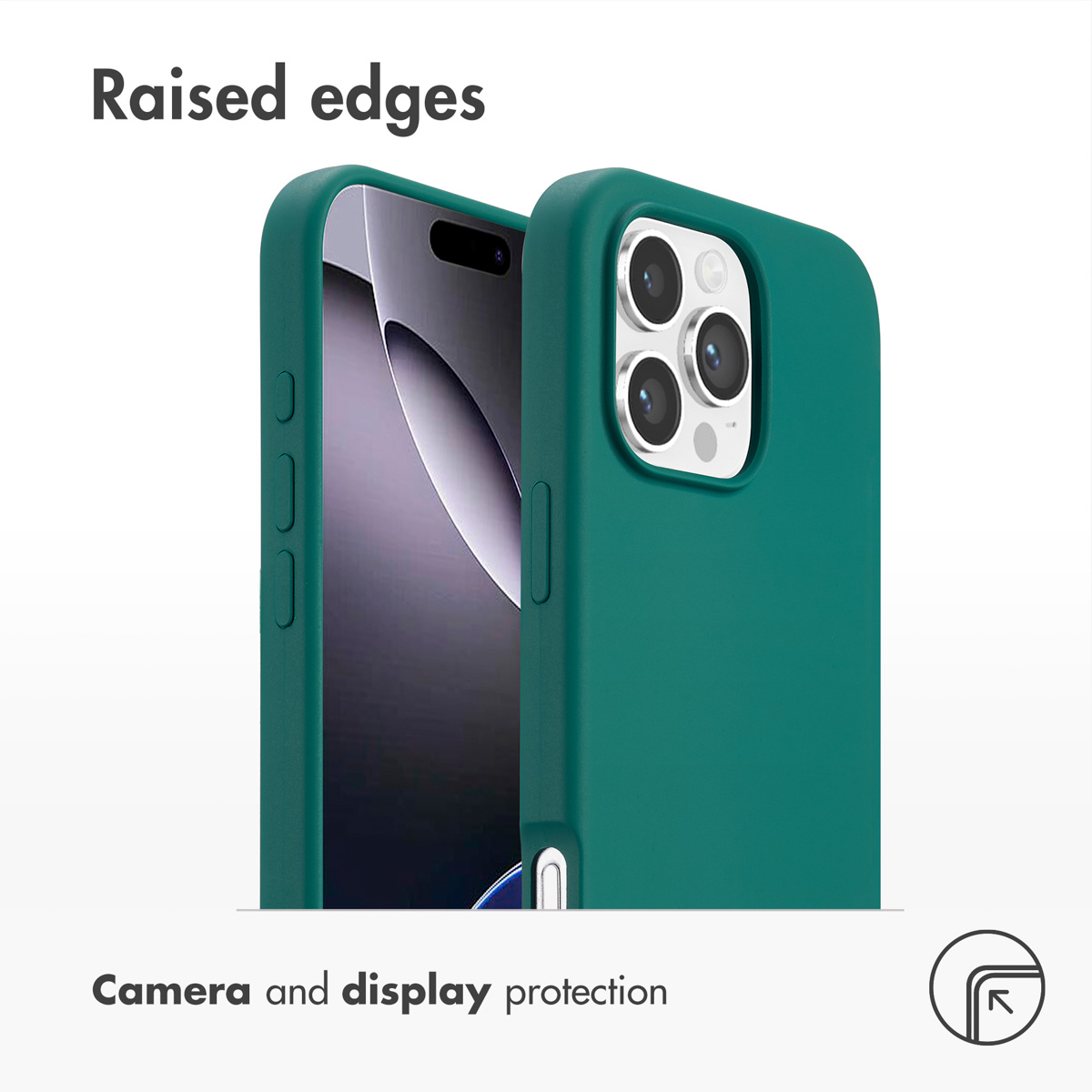 Custodina verde per telefono con bordi rialzati per proteggere fotocamera e schermo su sfondo bianco.