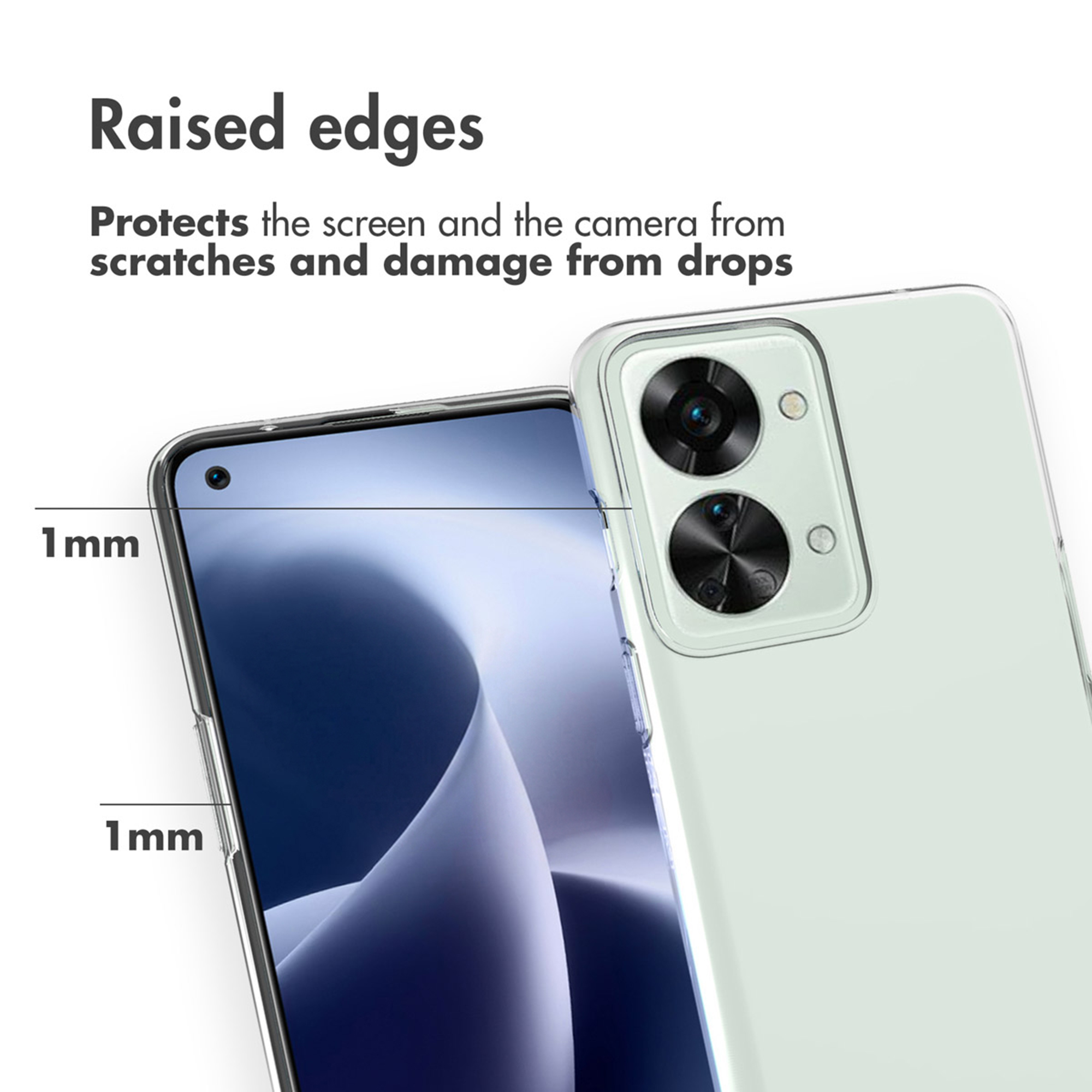 Bordi rialzati di 1 mm proteggono lo schermo e la fotocamera di uno smartphone.