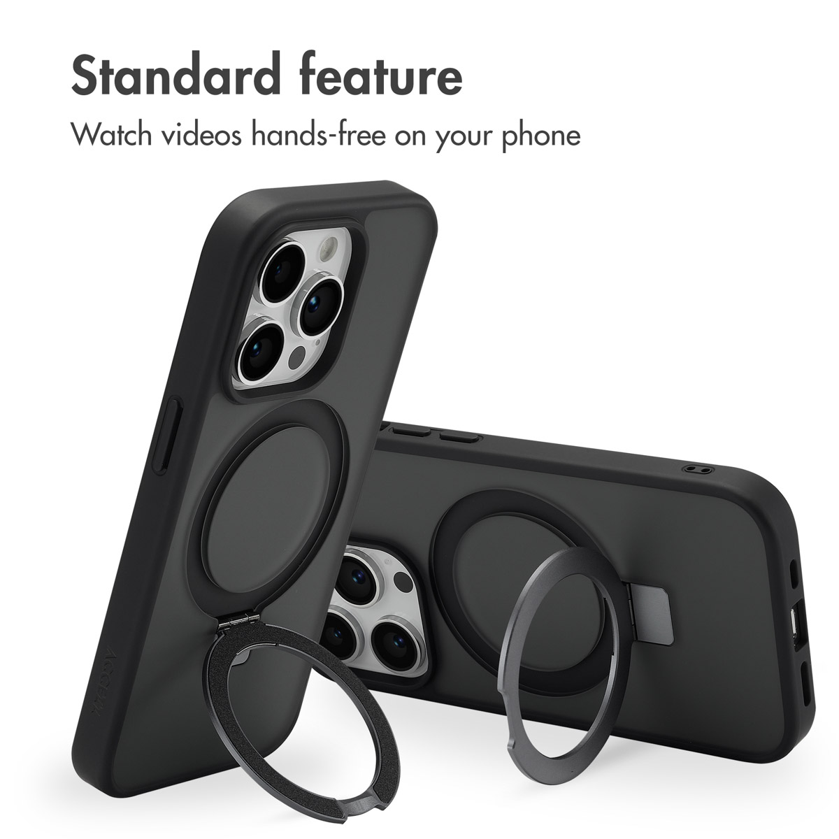 Due cover nere per smartphone con anelli pieghevoli integrati su sfondo bianco.