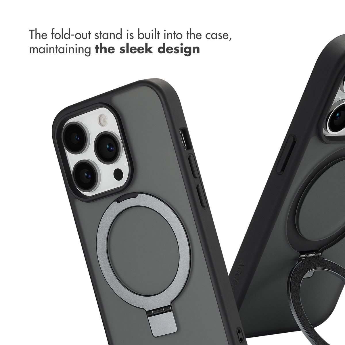 Due cover nere per iPhone con supporti argentati pieghevoli integrati e anelli MagSafe.
