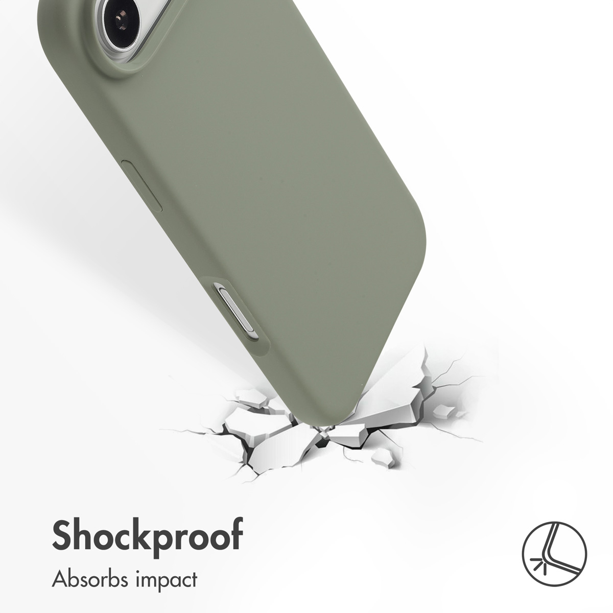 Un teléfono verde oliva en funda protectora impacta contra una superficie blanca que se rompe.