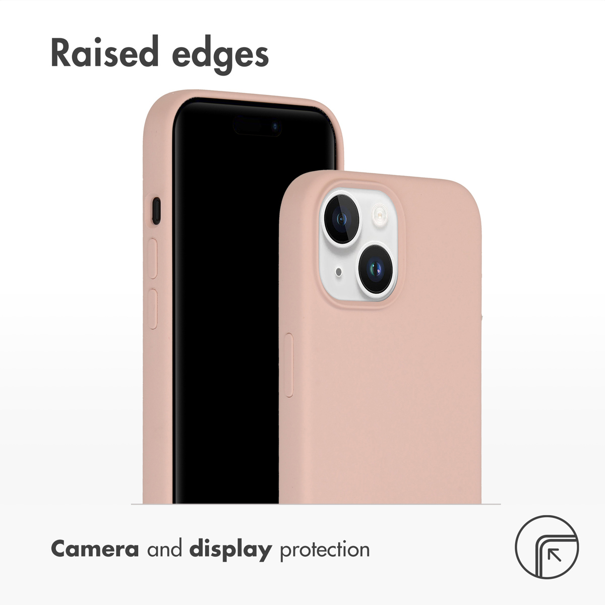 Two pink phone cases shown from front and back, highlighting raised edges for camera and display protection.