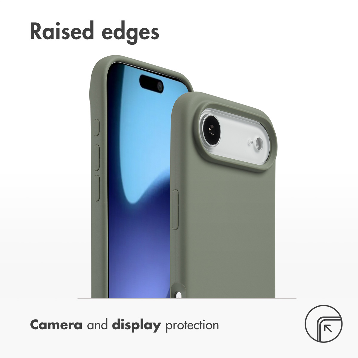 Funda verde para móvil con bordes elevados para protección de cámara y pantalla.
