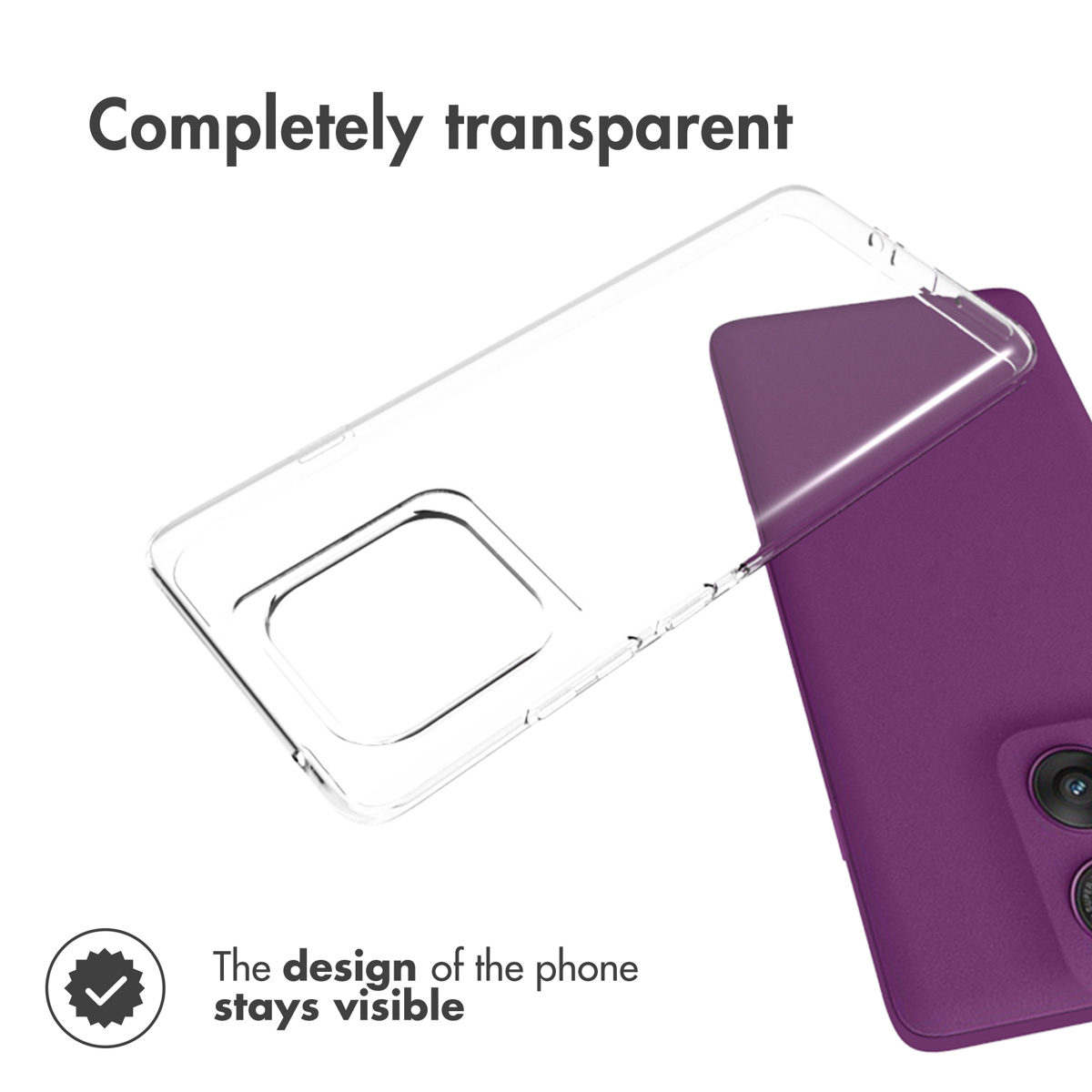 Una funda de móvil transparente junto a un smartphone morado, con texto arriba y abajo.