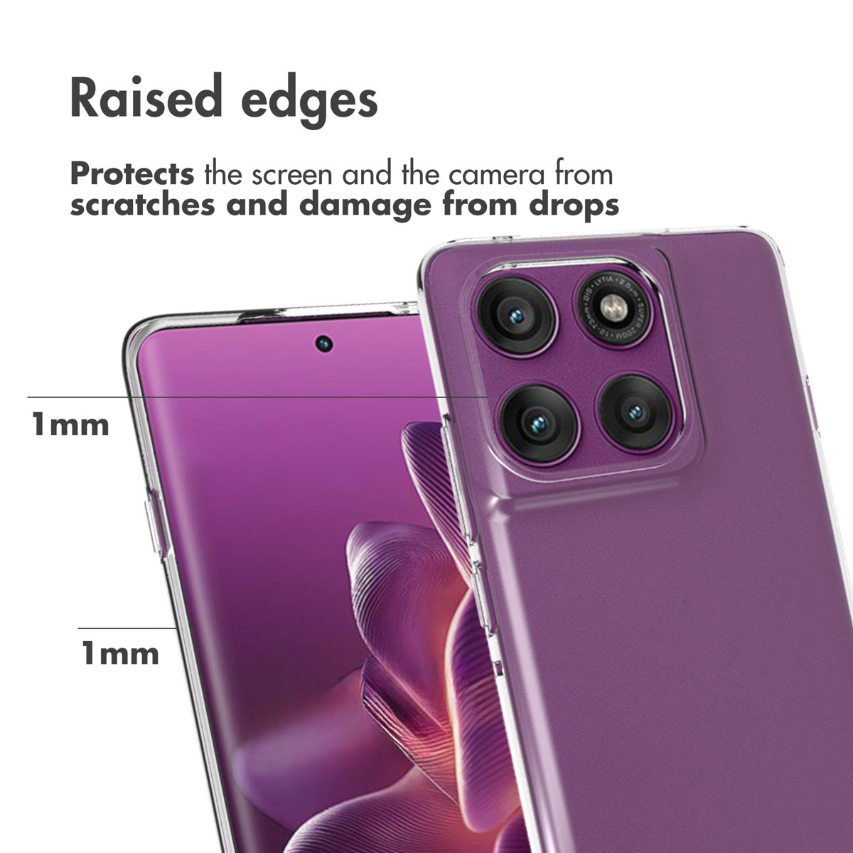 Los bordes elevados de 1 mm protegen la pantalla y la cámara del smartphone morado.