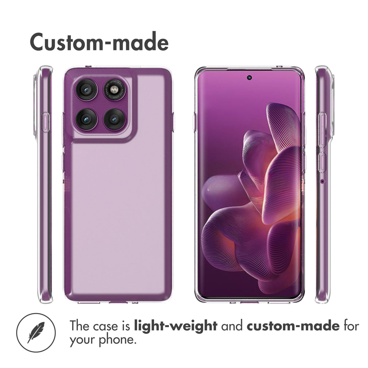Smartphone morado con funda protectora transparente visto desde varios ángulos.