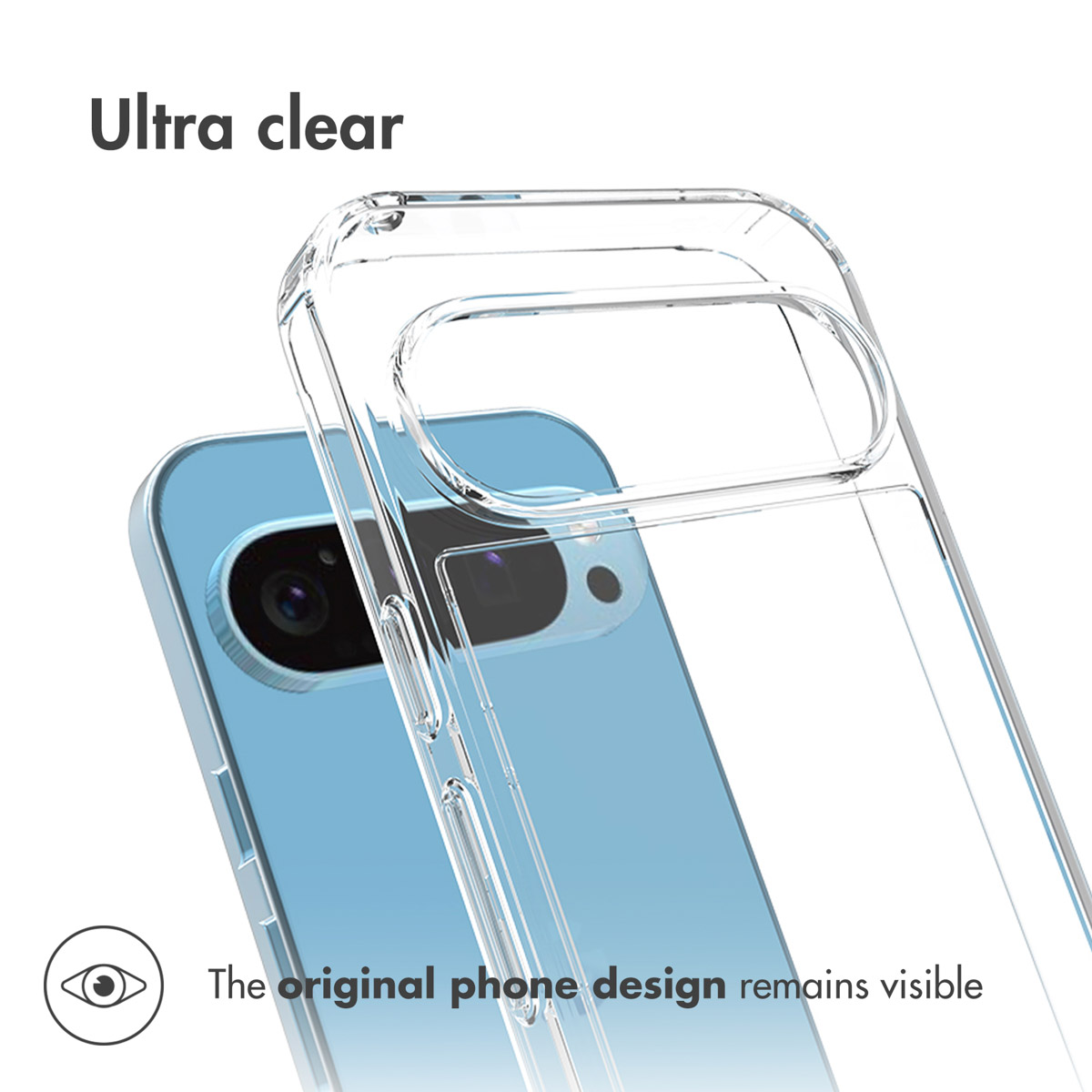 Funda protectora transparente en un smartphone azul mostrando el módulo de cámara.