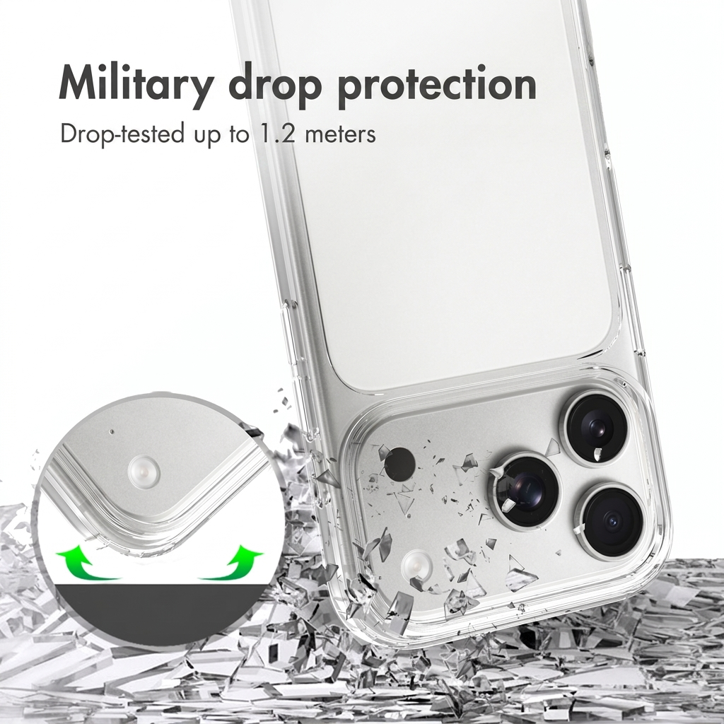 Coque transparente avec protection militaire contre les chutes jusqu'à 1,2 mètre.