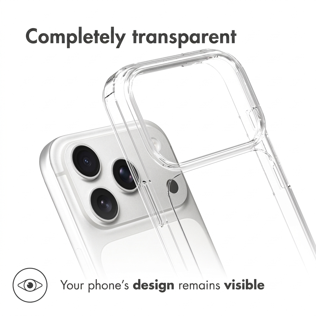 Une coque de téléphone entièrement transparente au-dessus d'un smartphone argenté à trois caméras.