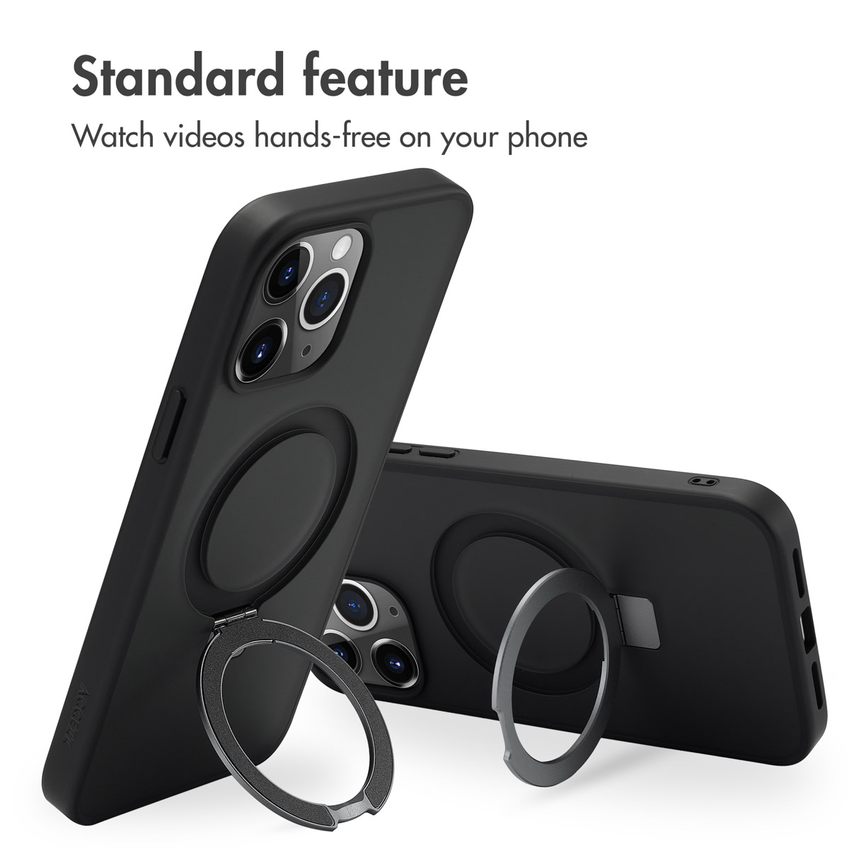 Zwei schwarze Handyhüllen mit integriertem Ringständer für freihändiges Videogucken.