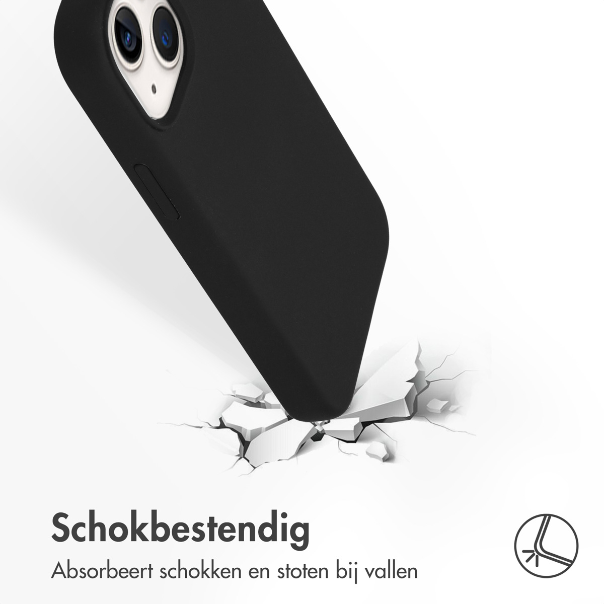 Czarne etui na telefon uderza w pękniętą powierzchnię, tekst wskazuje odporność.