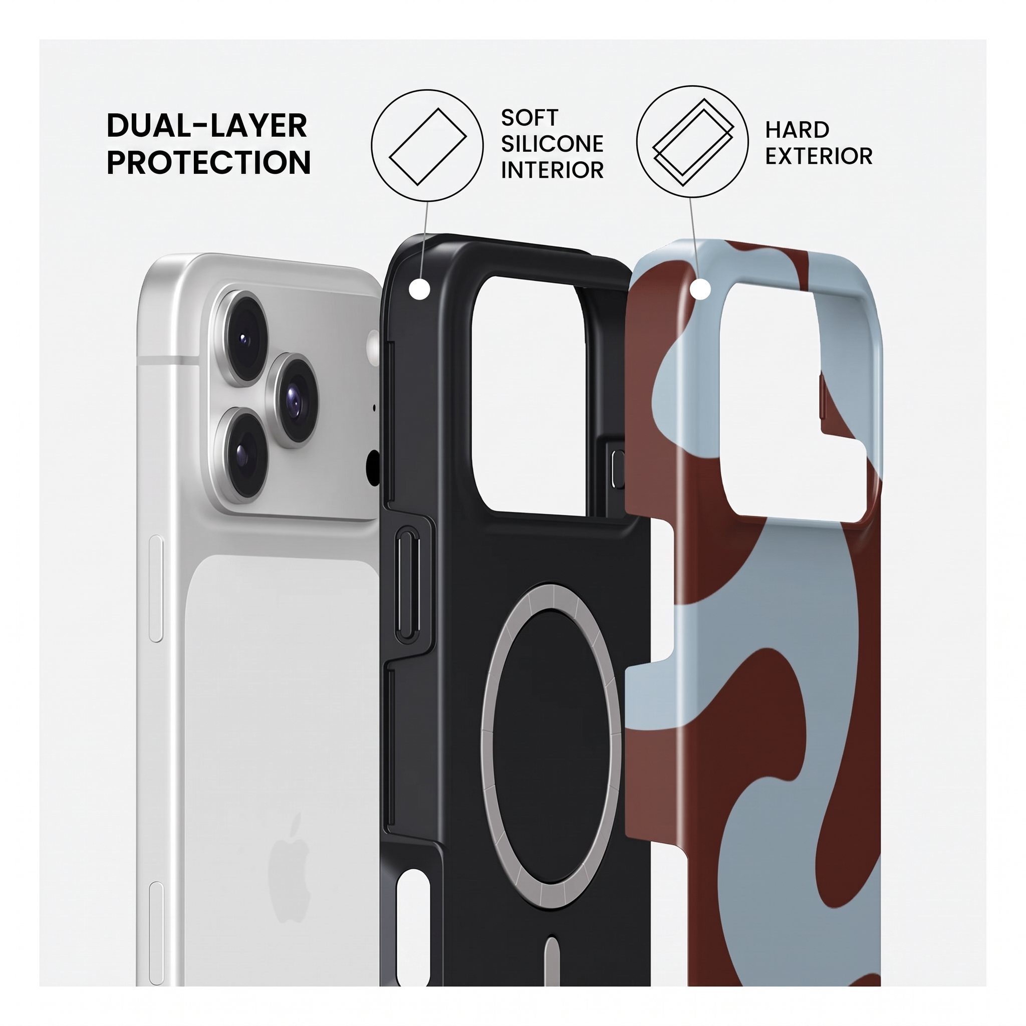 Protection double couche avec intérieur en silicone souple et extérieur rigide pour smartphone.