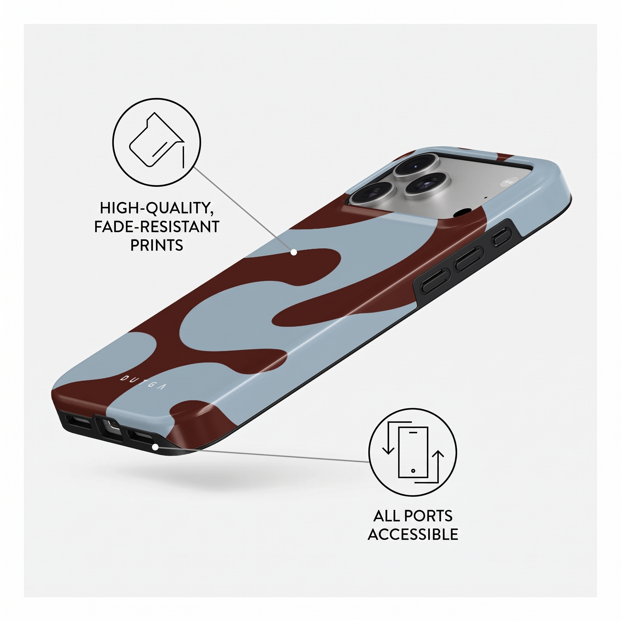 Coque de téléphone à motif bleu et marron, texte sur les impressions durables et les ports accessibles.