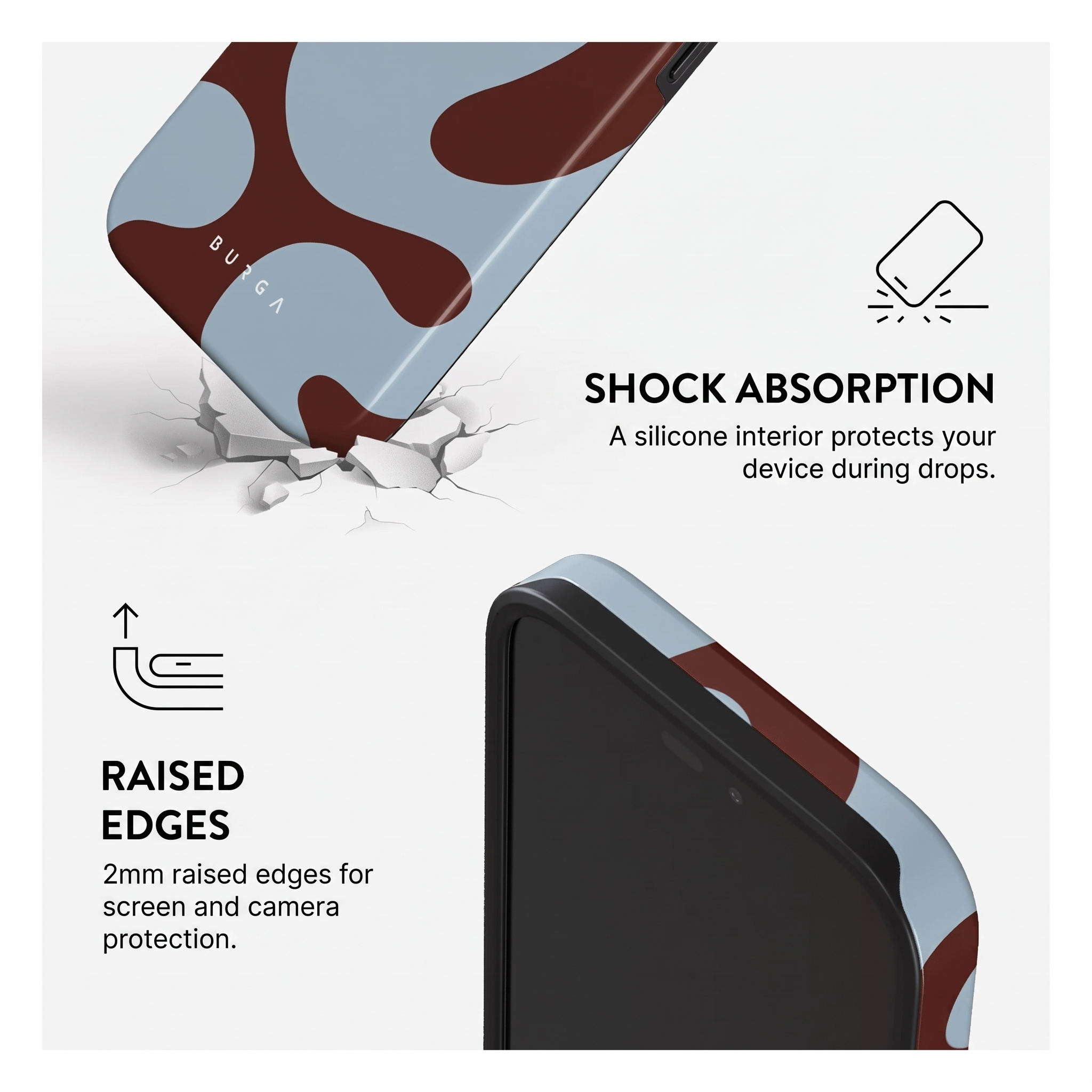 Coque de téléphone avec motif incurvé, absorption des chocs et bords surélevés.
