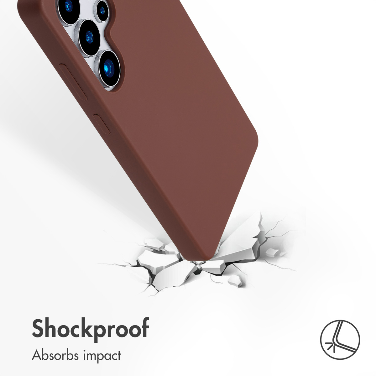 Un smartphone marrón en una funda protectora golpea una superficie blanca agrietada. Texto: Shockproof.