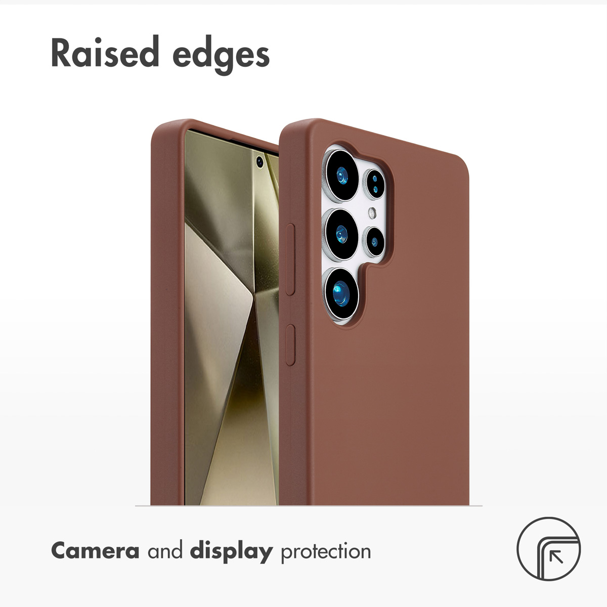 Funda de smartphone marrón con bordes elevados para proteger la cámara y la pantalla sobre fondo blanco.