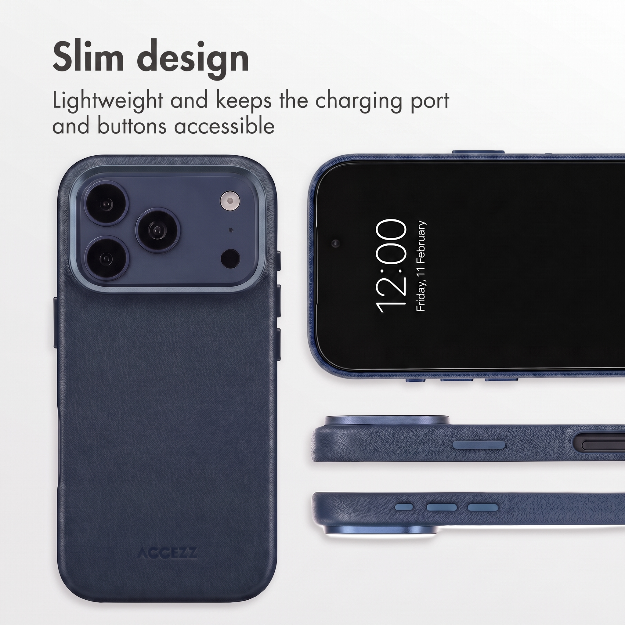 Custodia per telefono blu dal design sottile che mostra viste anteriore, posteriore e laterale.