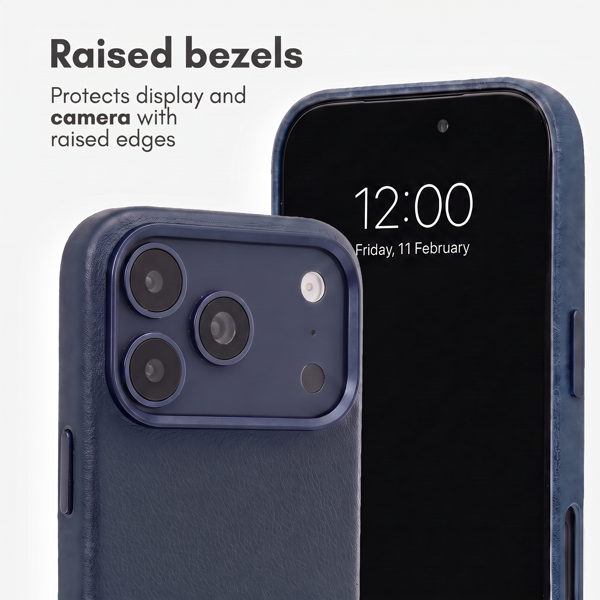 Custodia blu per telefono con bordi rialzati per protezione.