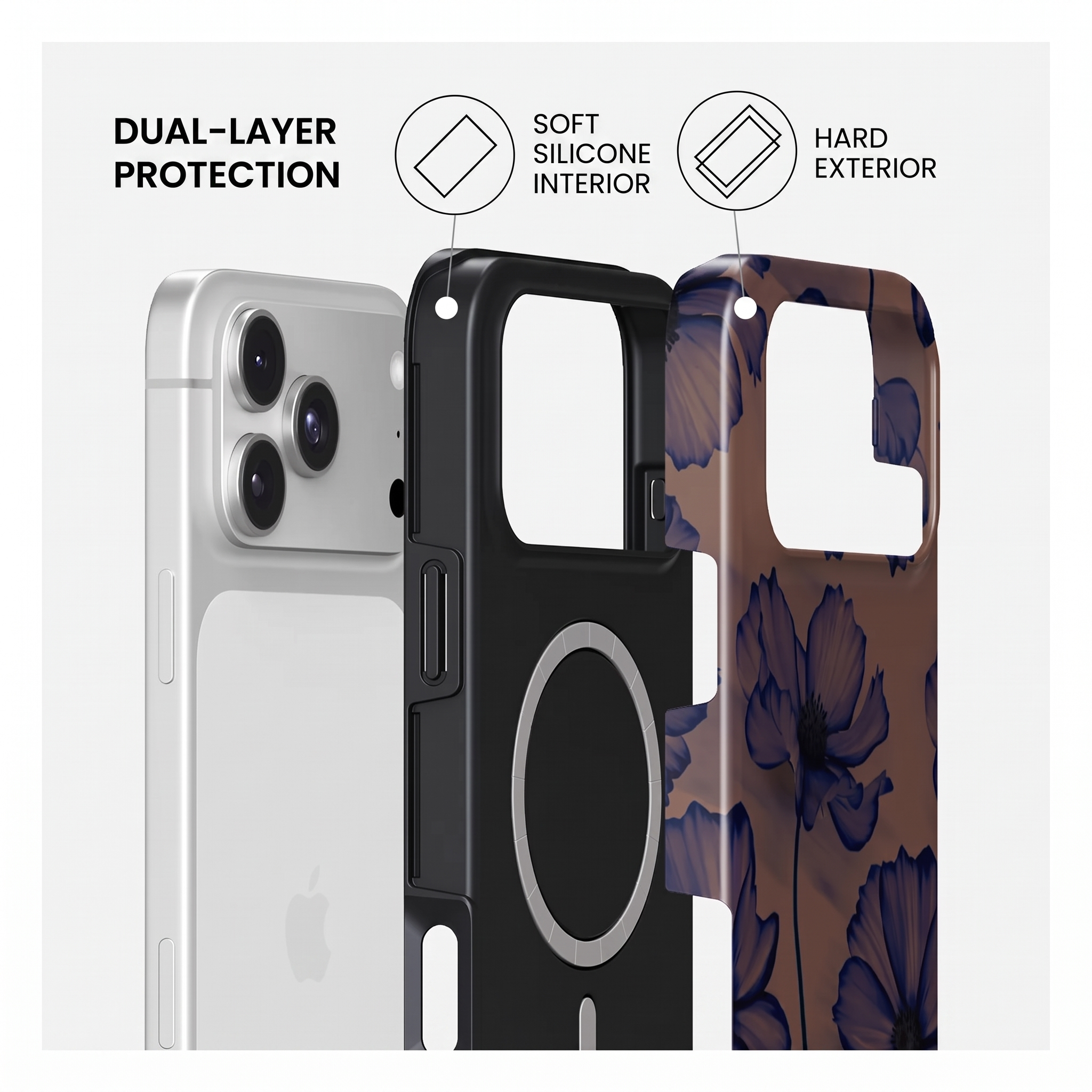 Coque double couche avec intérieur en silicone souple et extérieur rigide à motifs.