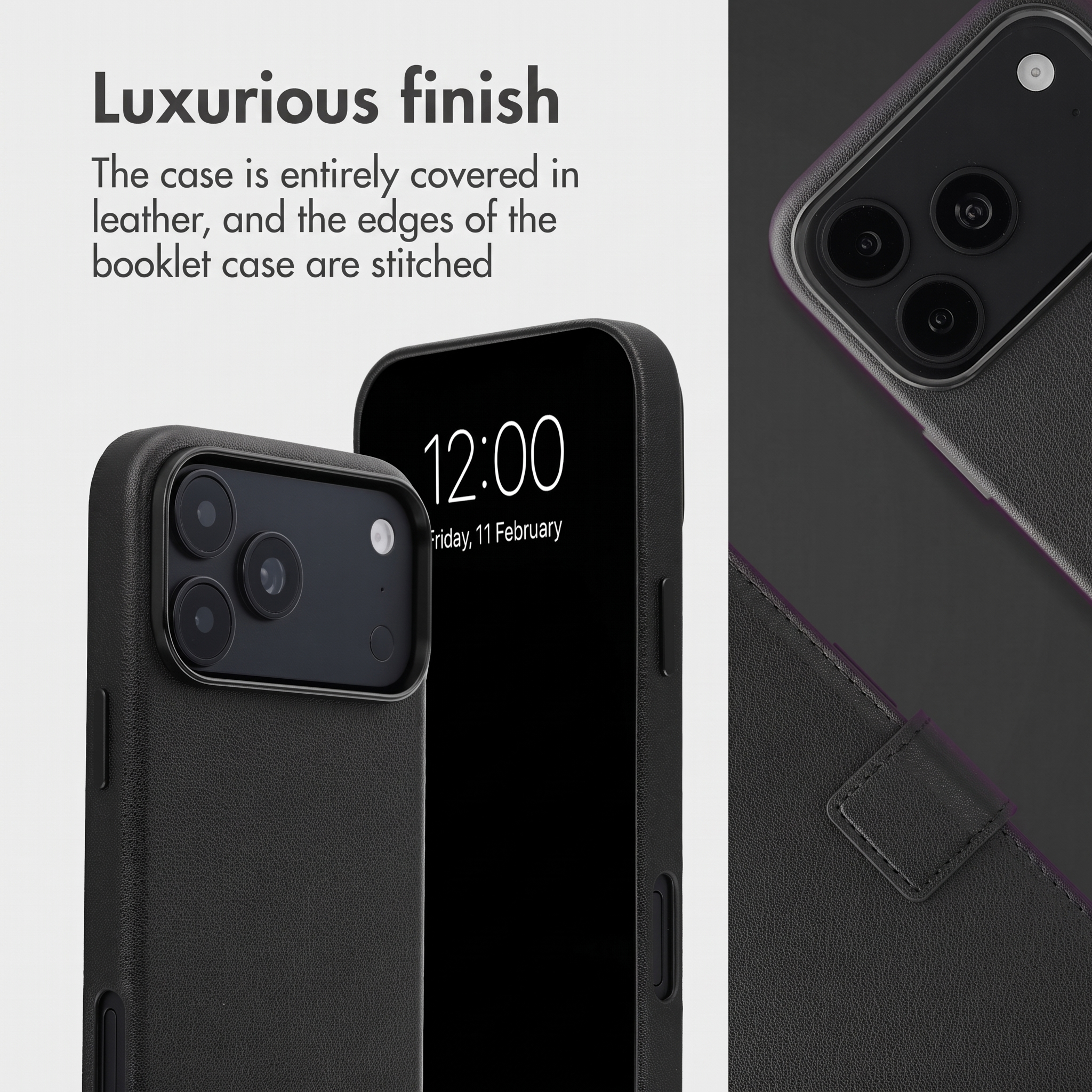 Coque de téléphone luxueuse en cuir noir avec module photo et coutures fines.
