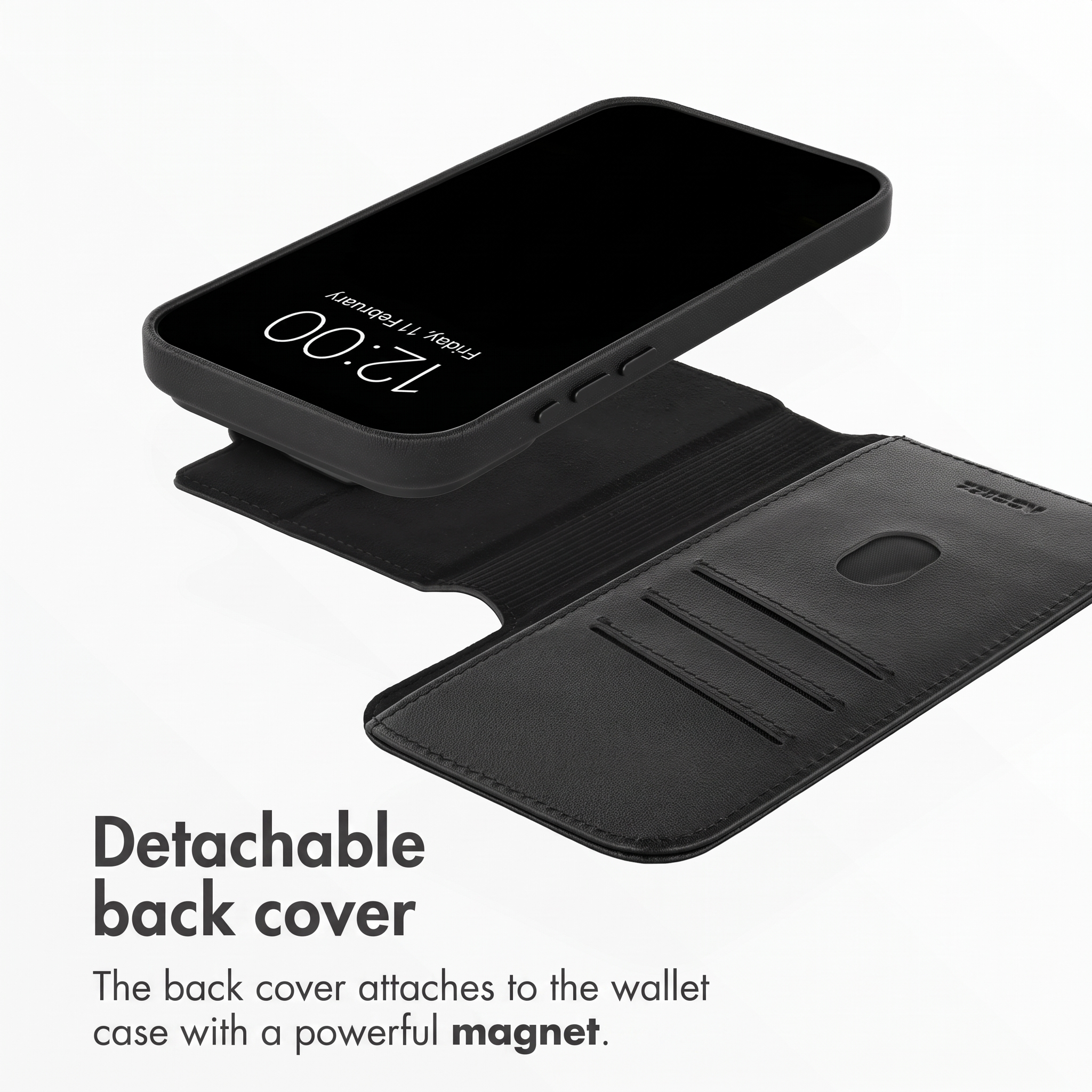 Un smartphone noir détaché de son étui portefeuille magnétique en cuir sur fond blanc.
