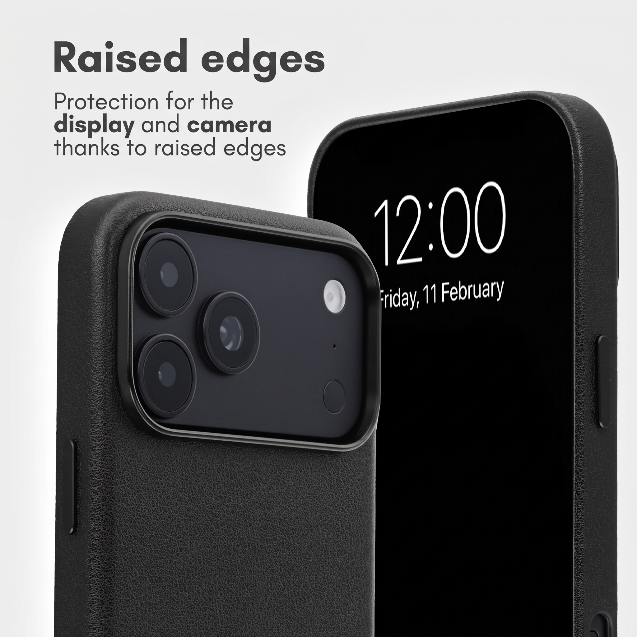 Deux smartphones noirs dans des coques de protection avec des bords surélevés.