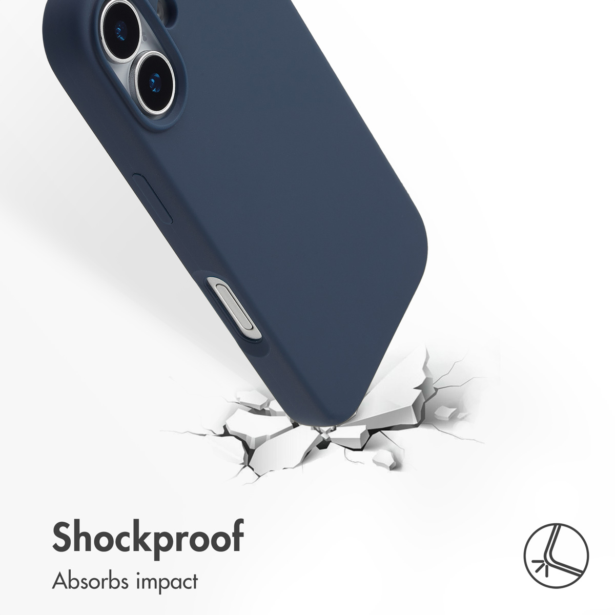 Een blauw telefoonhoesje raakt een gebroken wit oppervlak. Tekst: 'Shockproof'.