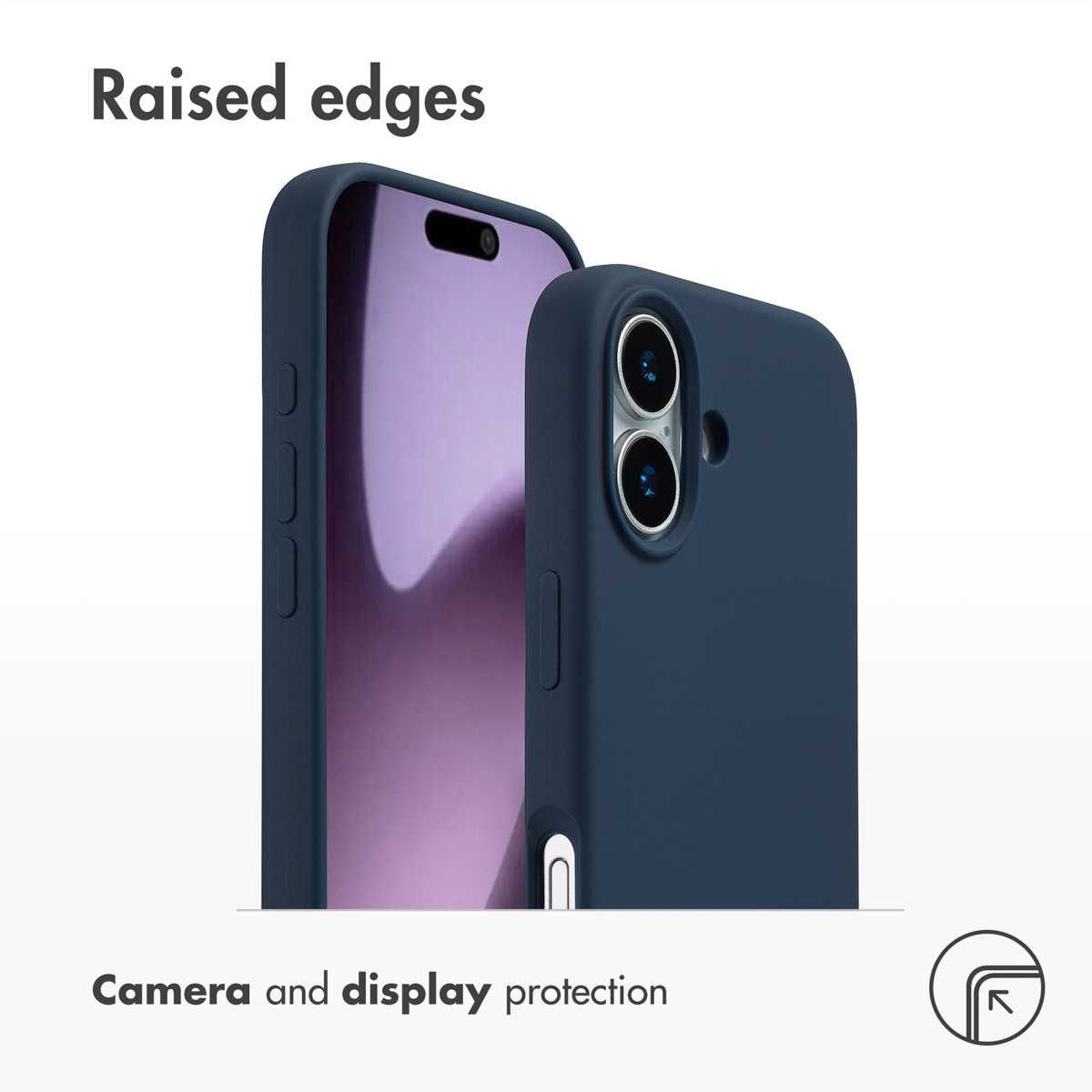 Blauwe smartphonehoes met verhoogde randen voor camera- en schermbescherming.