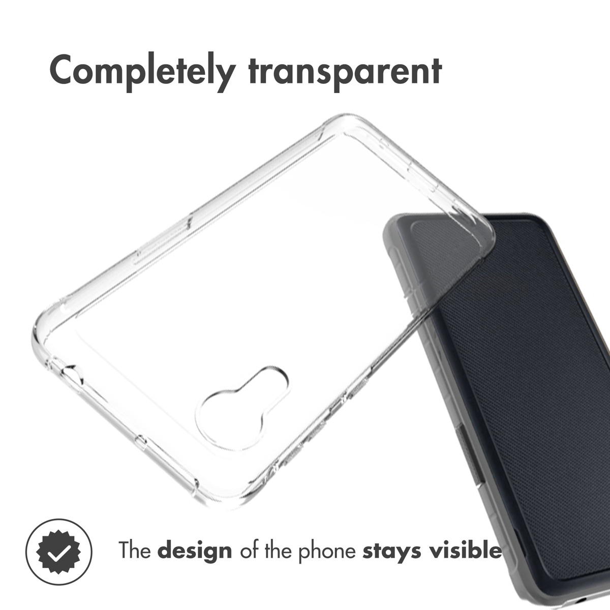 Une coque transparente à côté d'un téléphone, affichant le texte Entièrement transparent et le design du téléphone reste visible.