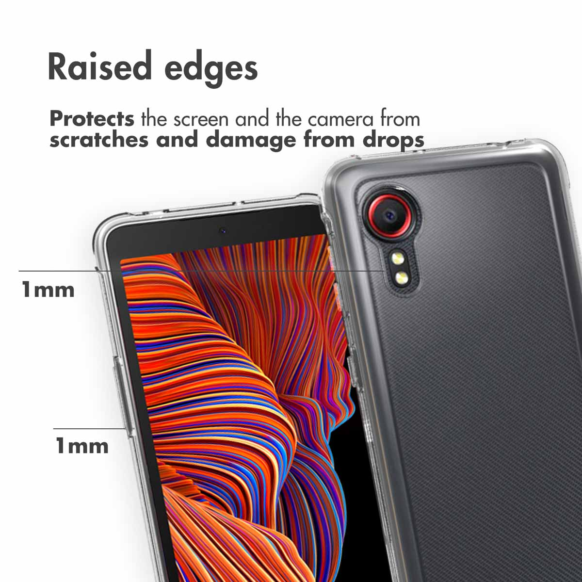Coque de téléphone avec bords surélevés protégeant écran et caméra.