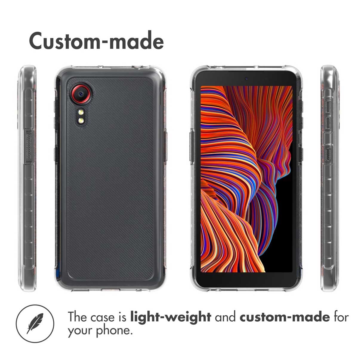 Quatre vues d'un smartphone dans une coque de protection transparente avec dos texturé et écran coloré.