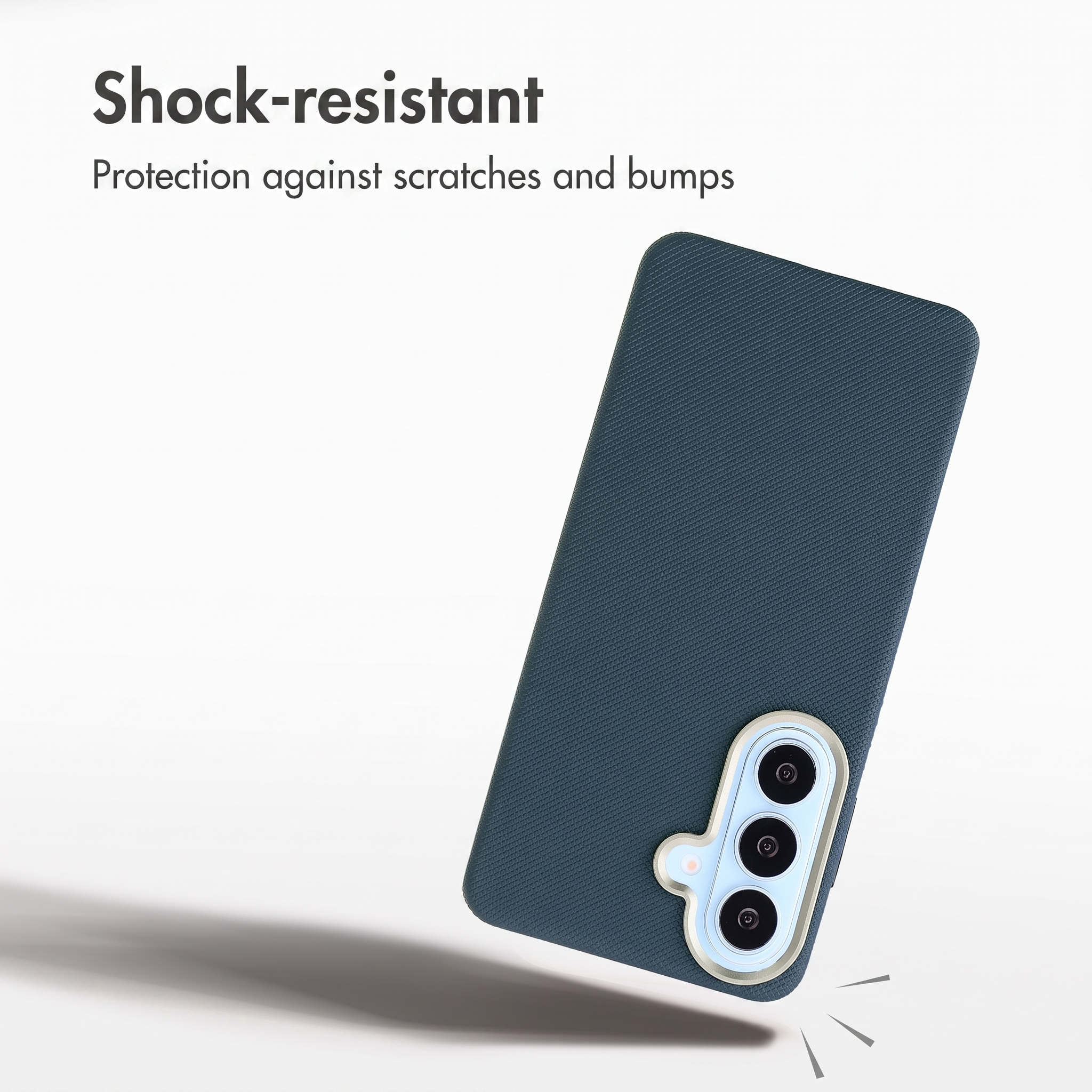 Custodia per smartphone blu scuro con ritaglio per fotocamera e testo Shock-resistant su sfondo bianco.