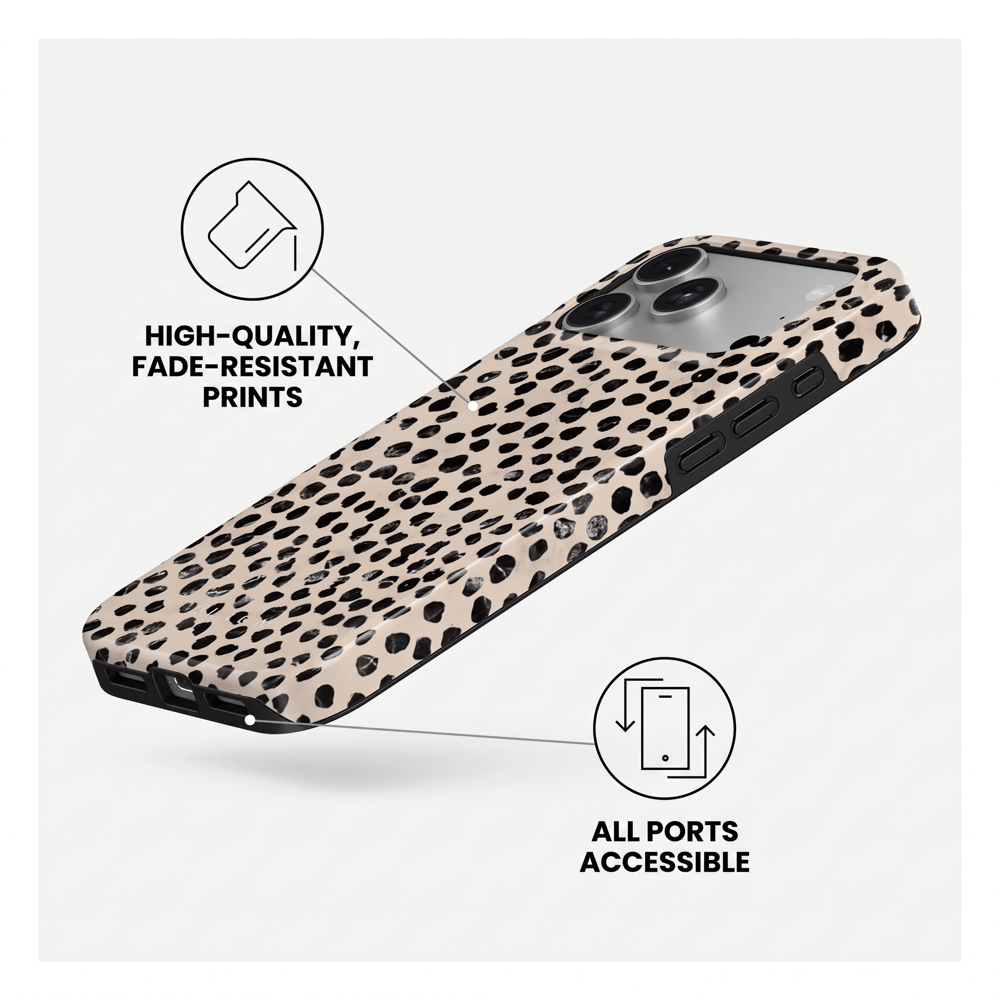 Coque de téléphone avec imprimé léopard, impression de haute qualité et ports accessibles.