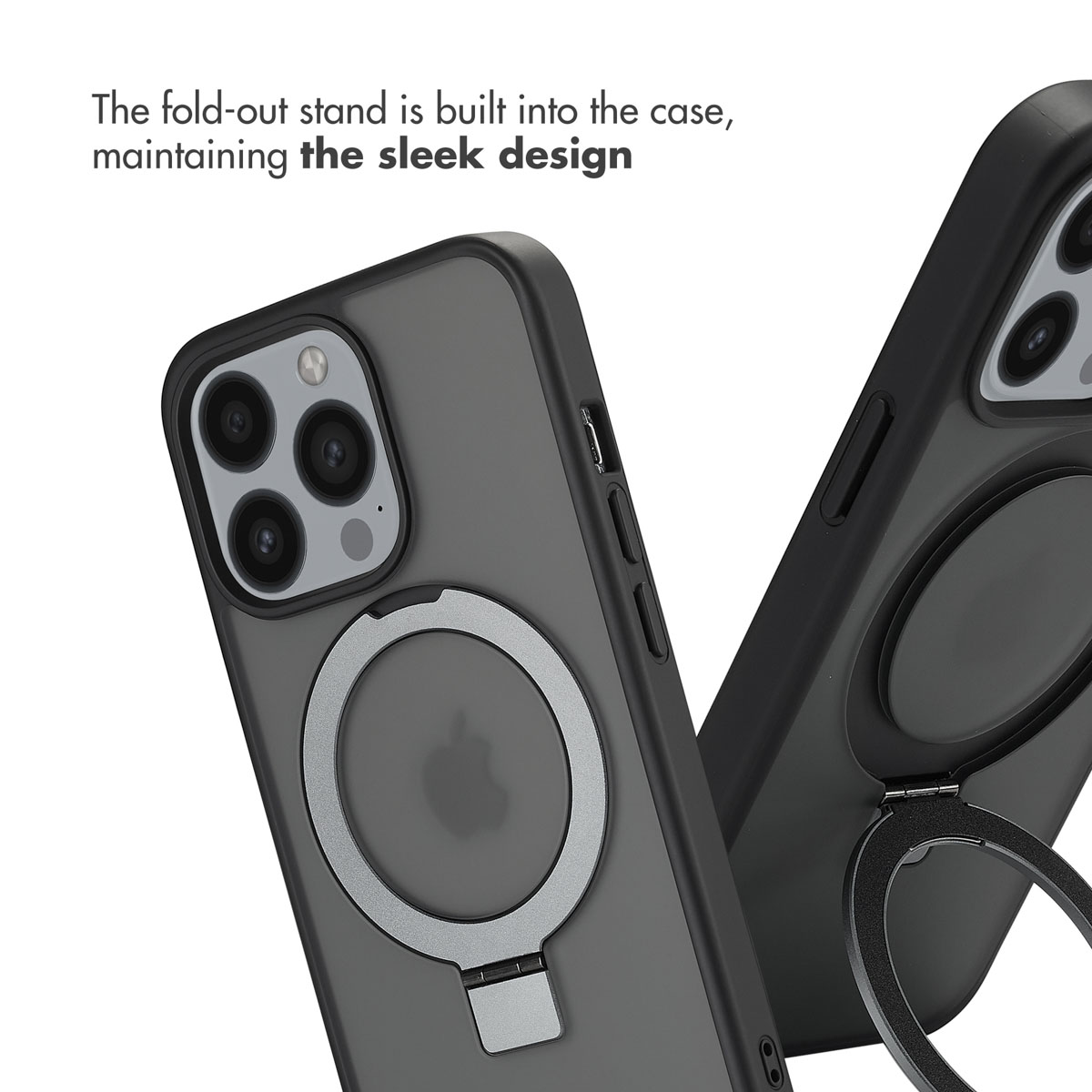 Due custodie per telefono nere con supporto pieghevole integrato e anello MagSafe circolare su sfondo bianco.