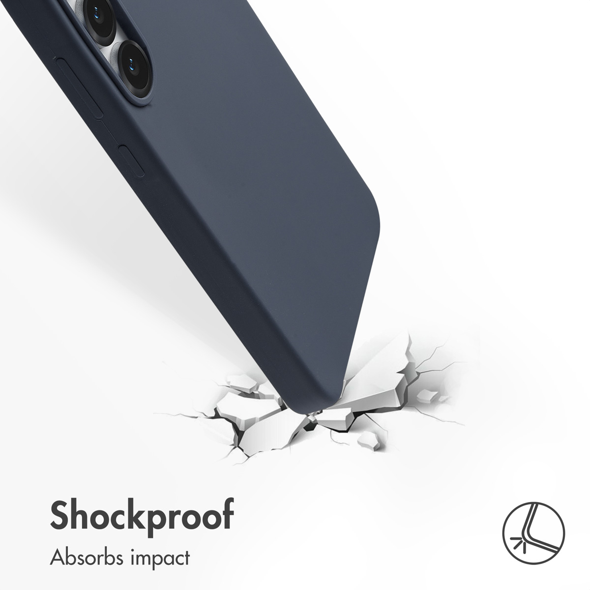 Uno smartphone blu scuro colpisce una superficie bianca che si rompe, con testo antiurto.
