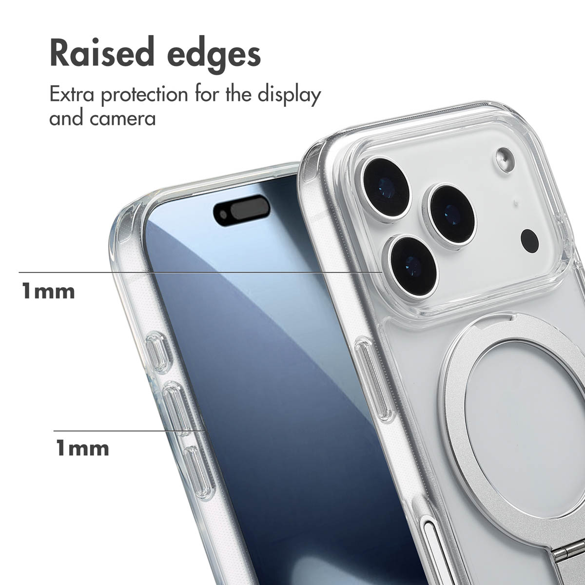 Eine transparente Handyhülle mit erhöhten Kanten bietet 1 mm Schutz für Display und Kamera.