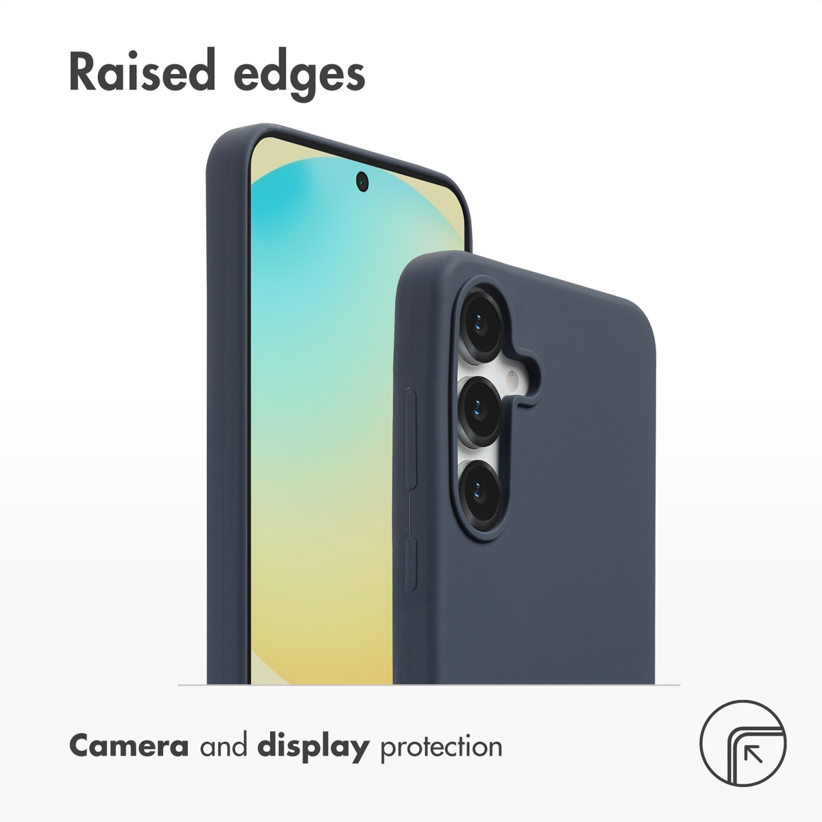 Custodia per telefono blu scuro con bordi rialzati per proteggere fotocamera e display.