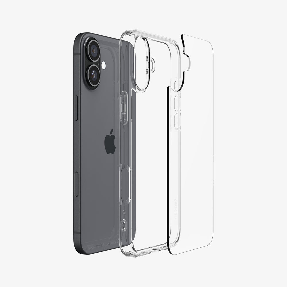 Ciemnoszary smartfon stoi obok przezroczystego etui ochronnego i folii ochronnej.