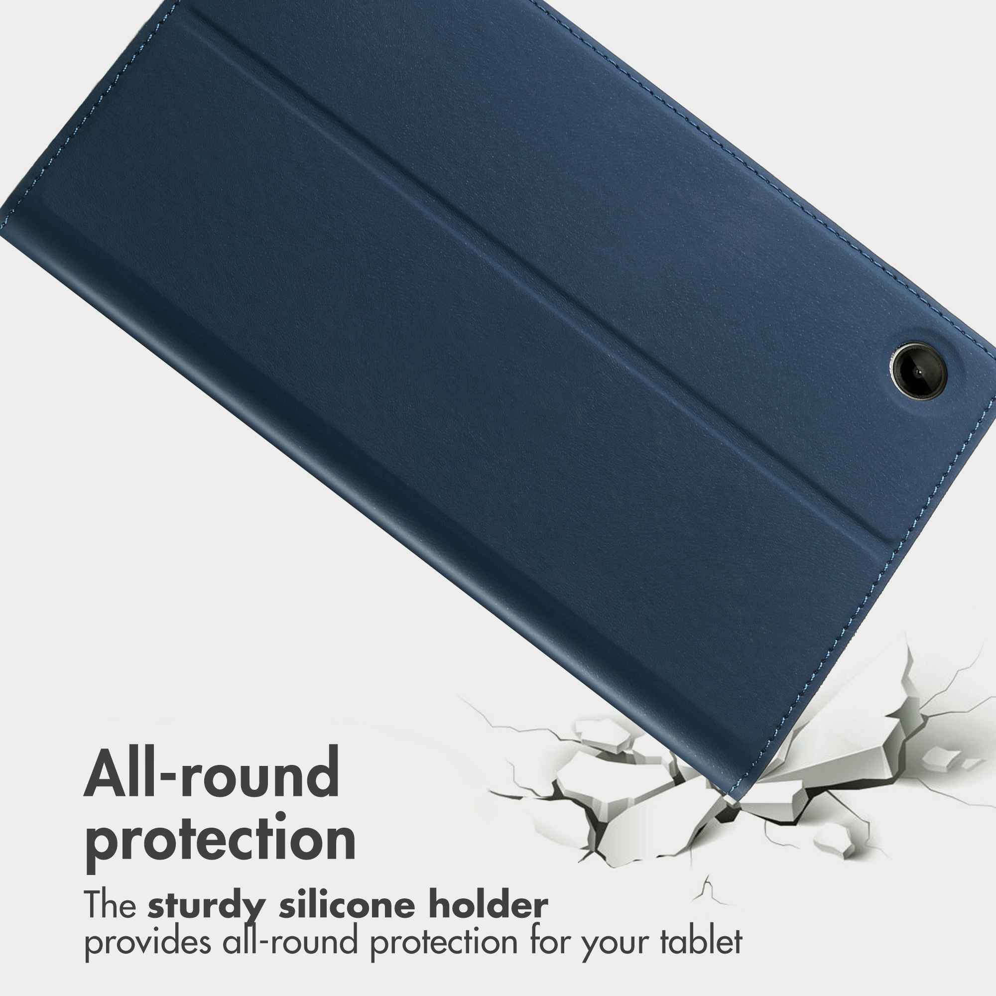 Blue tablet case over a cracked background with text about protection.