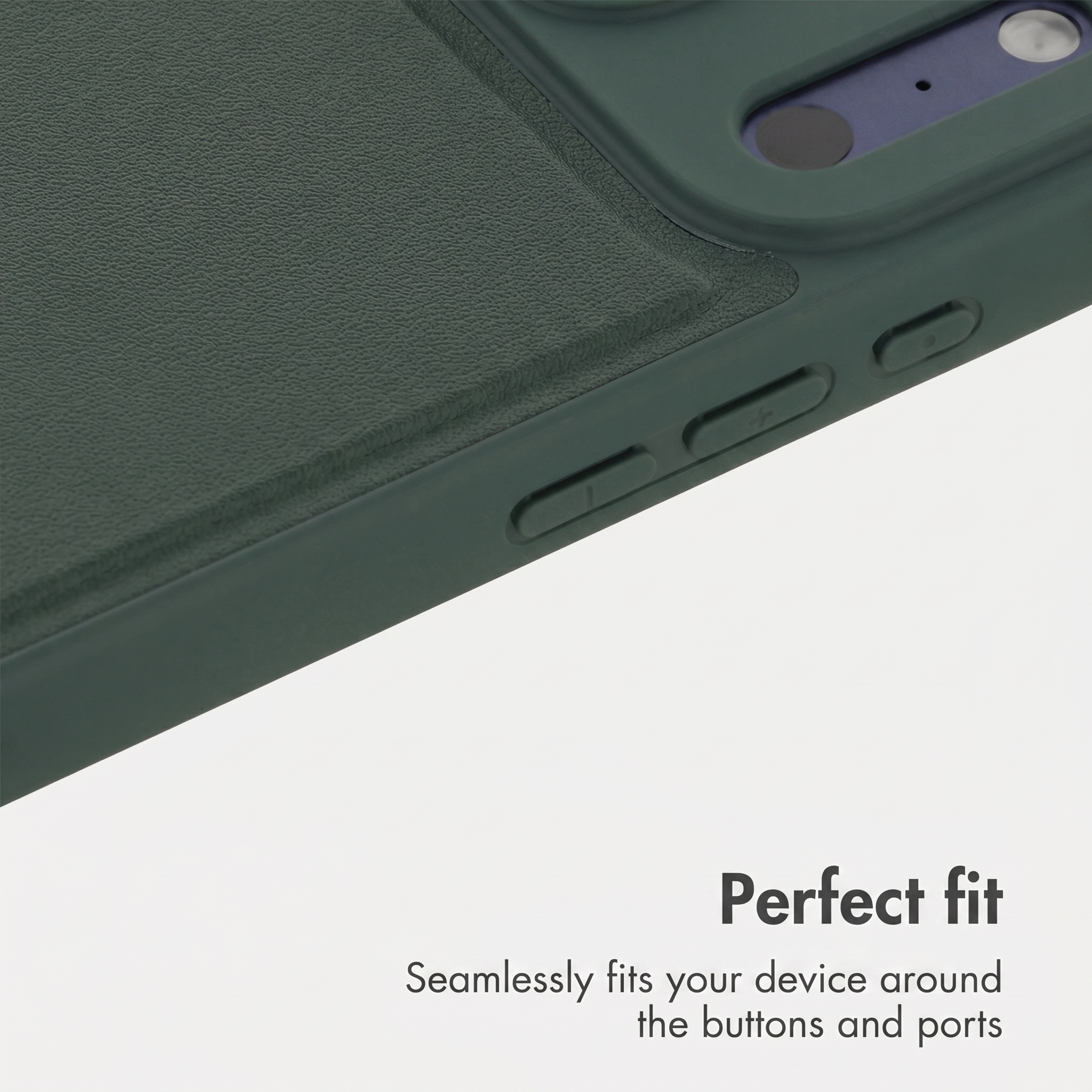 Coque de téléphone verte avec boutons et découpe d'appareil photo.