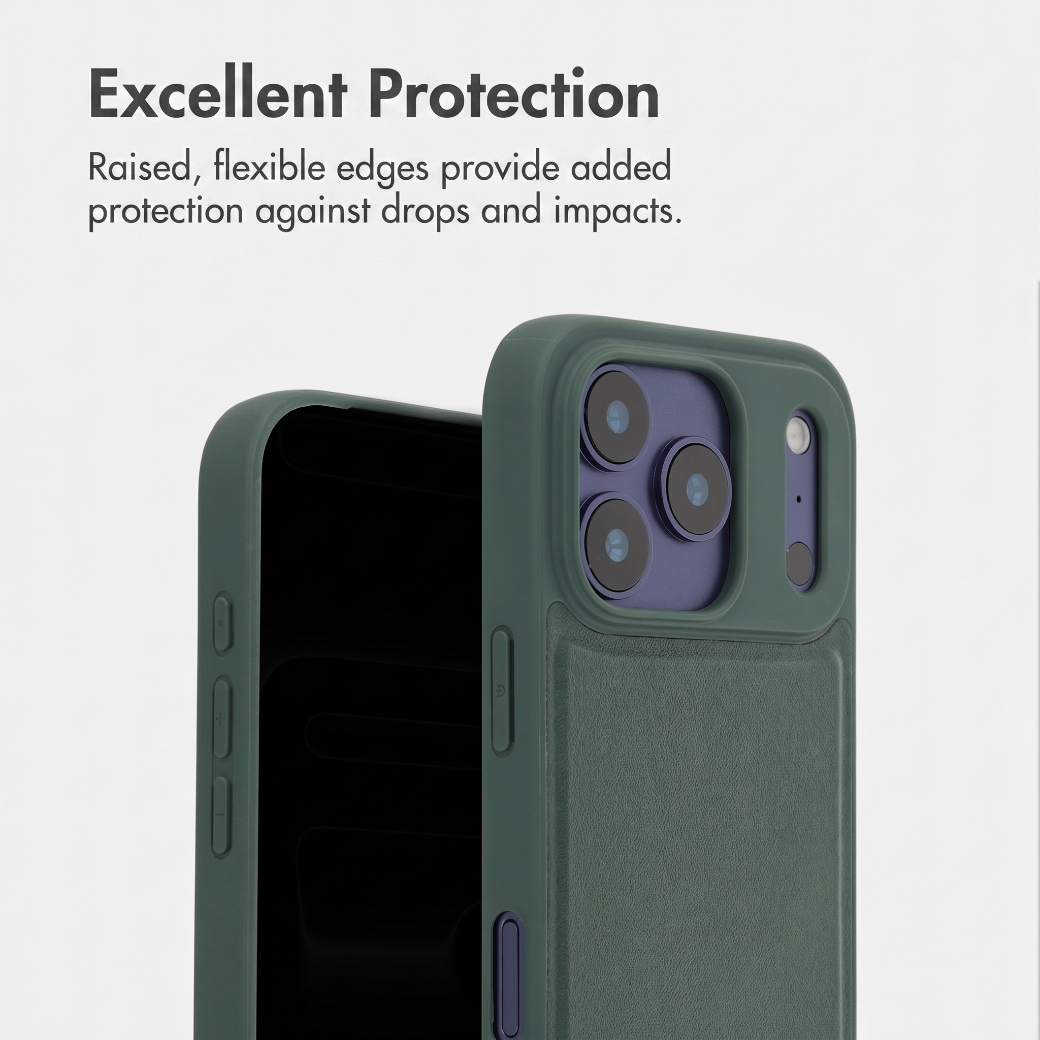 Coque de téléphone verte avec bords surélevés et découpe d'appareil photo.