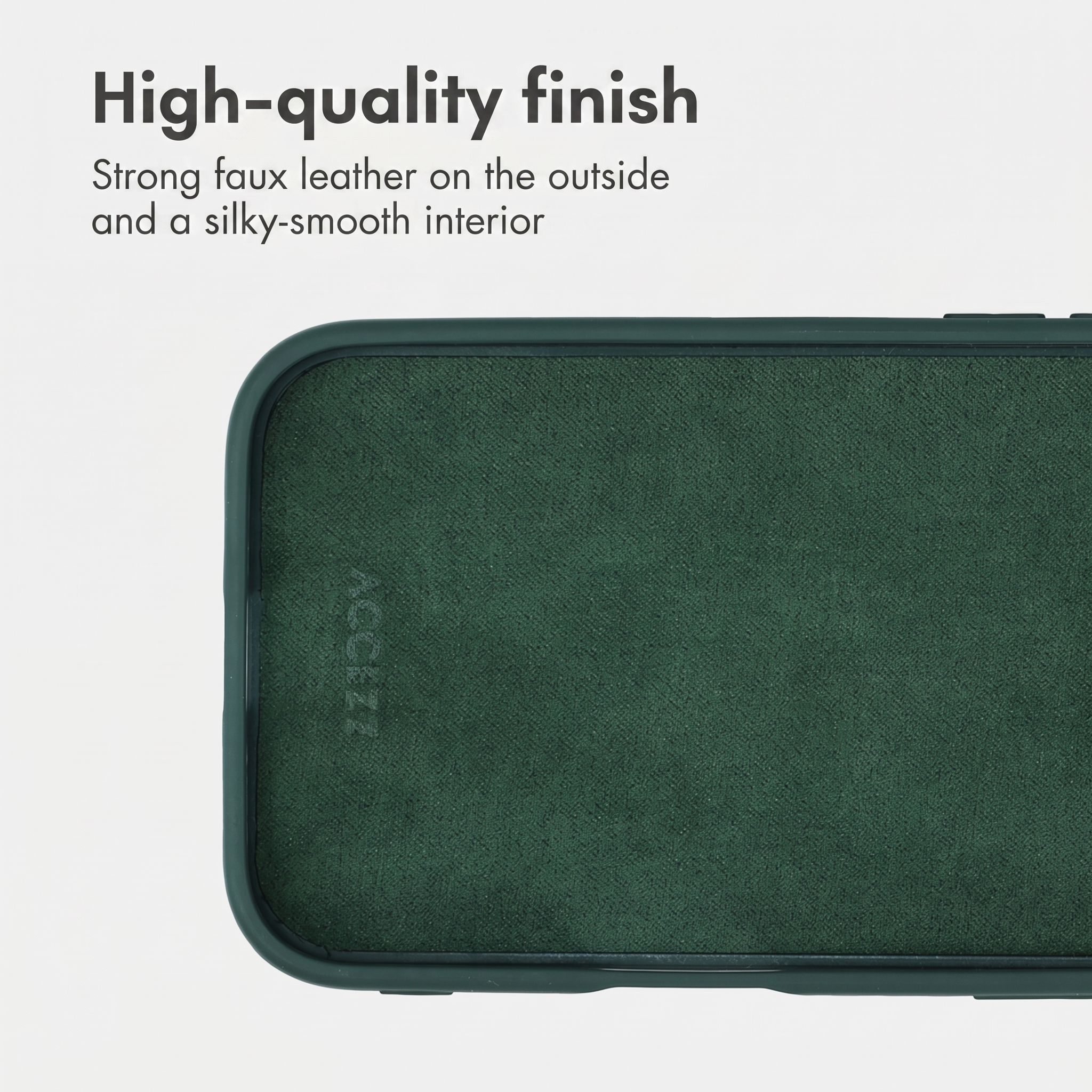 Coque de téléphone verte avec intérieur velouté et texte.
