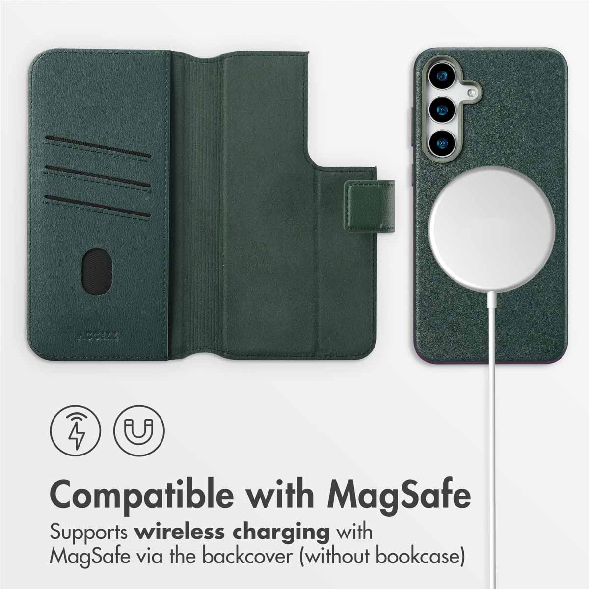 Grüne Handyhülle mit Kartenfächern und separater MagSafe-Rückseite beim kabellosen Laden.