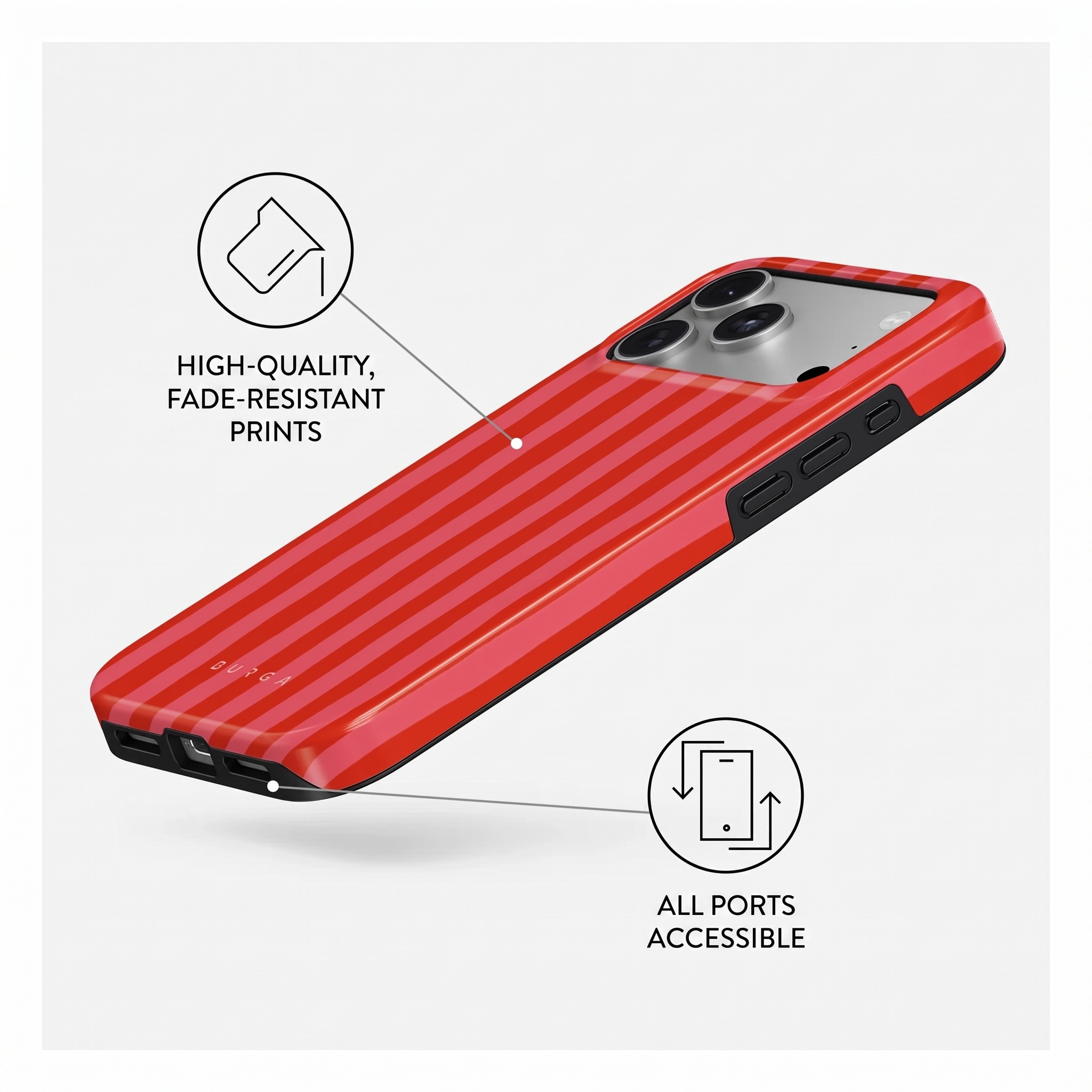 Coque de téléphone rouge à rayures mettant en valeur des impressions résistantes et des ports accessibles.